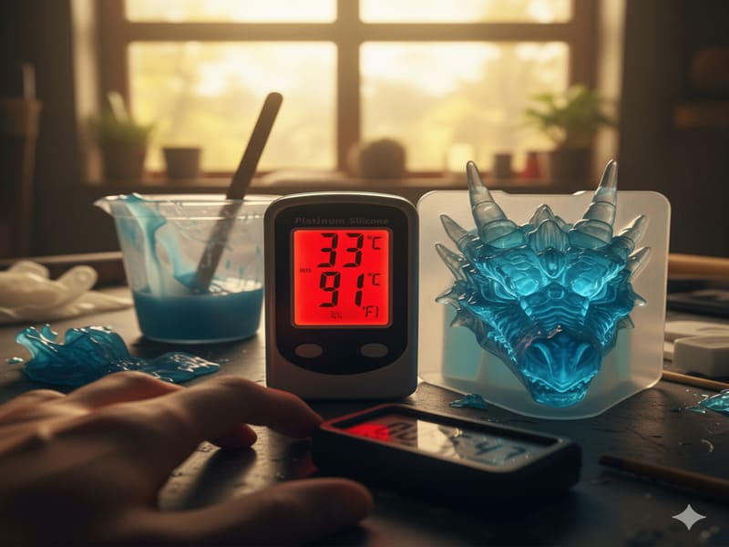 A thermometer showing a high temperature next to a silicone mold